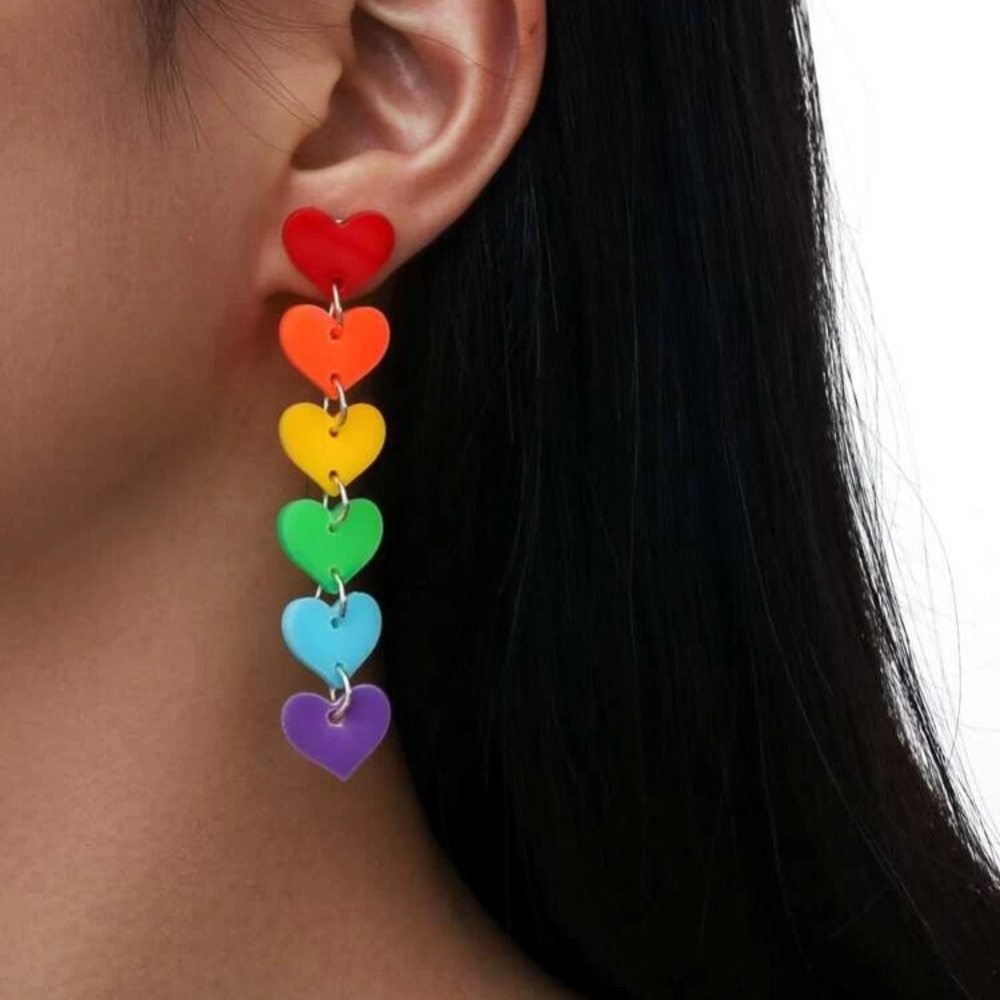 Kathrono Rainbow Heart Drop Earrings - Red, Orange, Yellow, Green, Blue, Purple